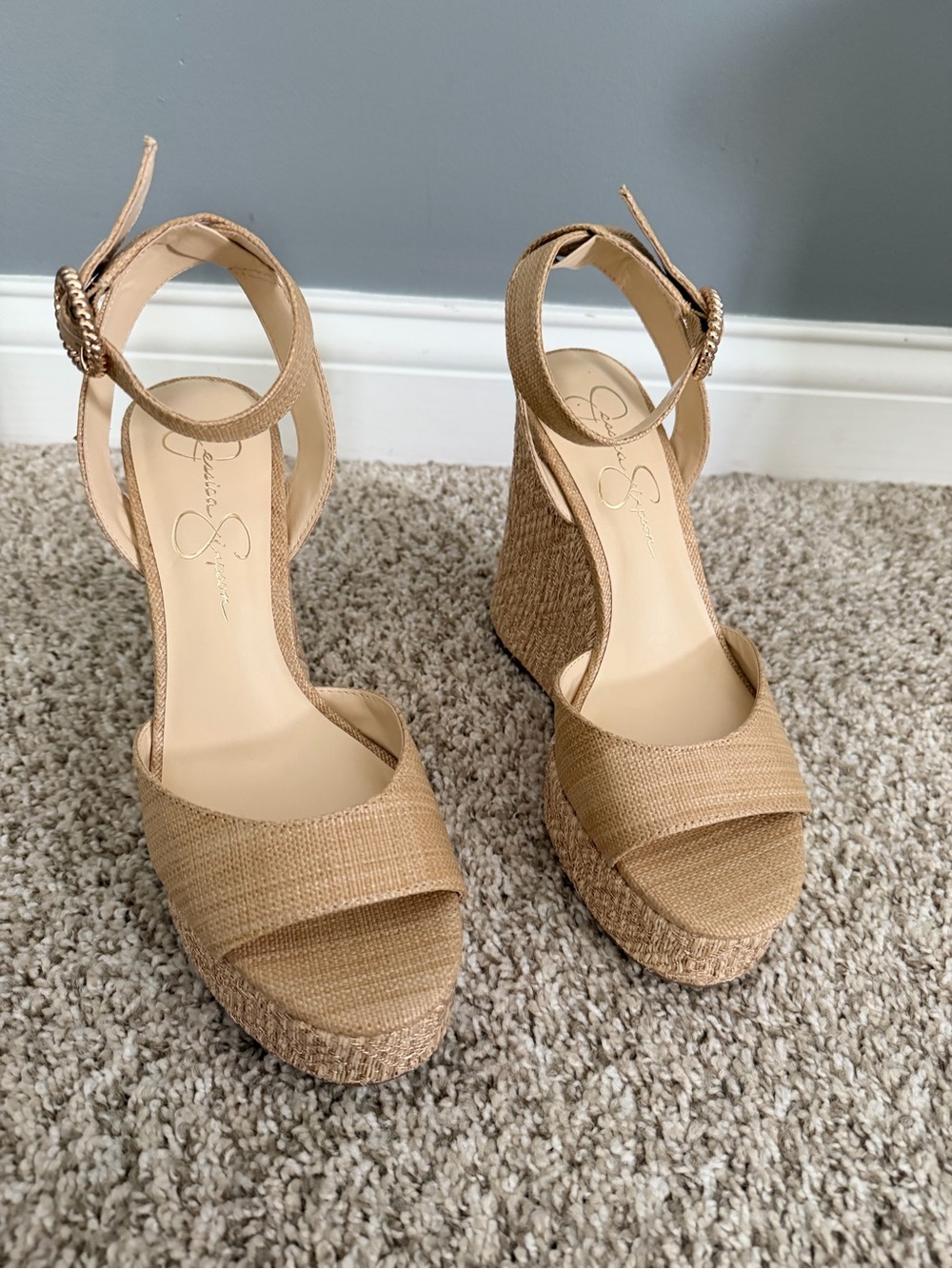 Jessica Simpson Tan Woven Platform Wedge Sandals
